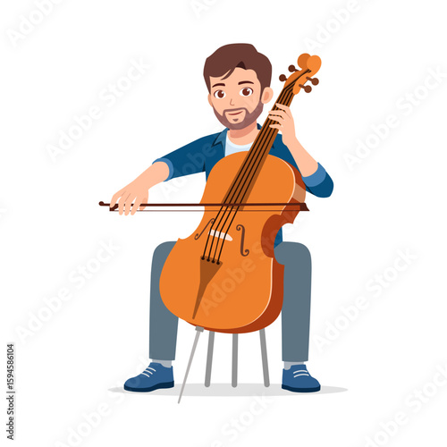 Cartoon man playing cello with happy expression sitting on chair in vector illustration