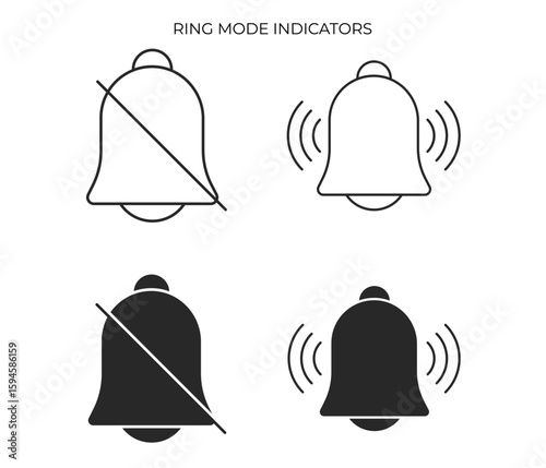 A set of bell icons depicting notification sound states: silent (bell with a strike-through line) and ringing (bell with sound waves), in both outline and solid styles.