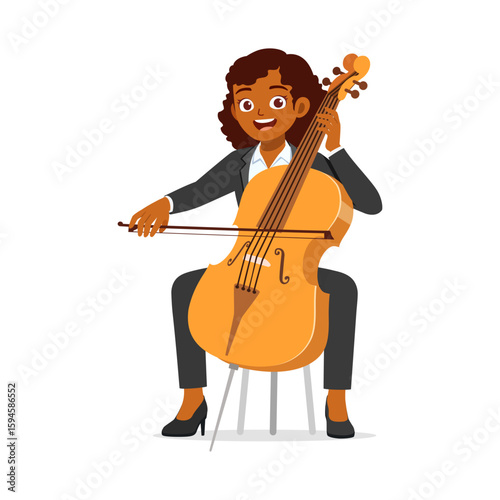 African American Woman Playing Cello with Happy Expression in Illustration Style