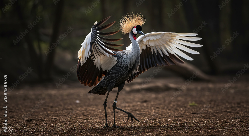 Fototapeta premium A regal grey crowned crane displaying its wings in a forest setting, showcasing its elegant plumage.