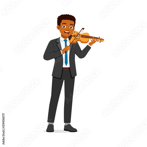 African American man in suit playing violin with happy expression illustration