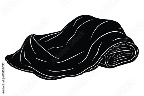 Black And White Illustration Of Rolled And Draped Fabric With Highlighted Folds