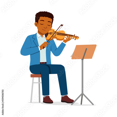 Calm African American man plays violin sitting on chair in cartoon style