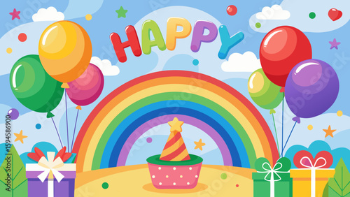 Vector art of a vibrant birthday celebration with colorful balloons, a rainbow, gifts, and a festive cake under a bright sky