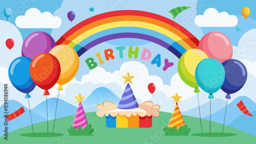 Vector art of a joyful birthday scene featuring a rainbow, balloons, party hats, and a tiered cake on a grassy field