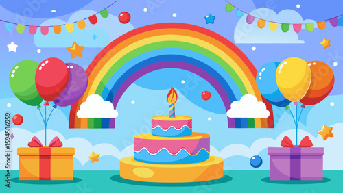 Vector art of a delightful birthday scene with a tiered cake, lit candle, balloons, gifts, and a rainbow arching across the sky