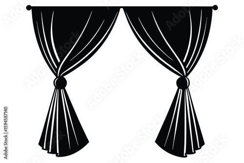Black and White Illustration of Stage Curtains with Tie Backs and Rod Toppers