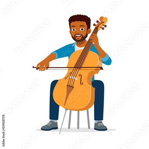 Happy African American man playing cello with bow while sitting on chair illustration