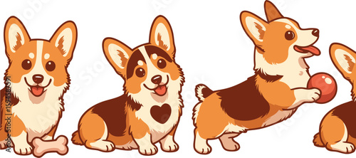 Animated Corgi Dogs in Various Poses Sitting, Playing with a Ball, and Happy