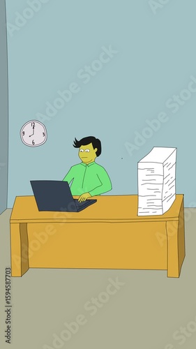 Animated illustration of an employee working but not focused and distracted, or brainstorming to get ideas, with various thoughts.
