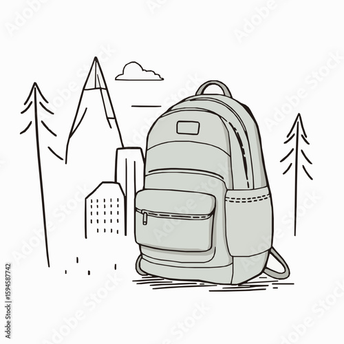 Vector illustration of a backpack with mountain landscape elements for outdoor adventure