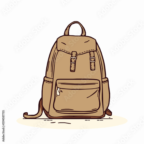 Illustration of a vintage brown backpack with buckles and a pocket on a white background