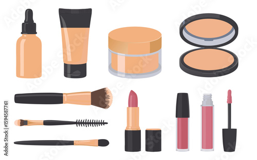 Assorted Makeup Products Illustration Foundation, Powder, Lipstick, Lip Gloss, Brushes, and Applicators Set on White