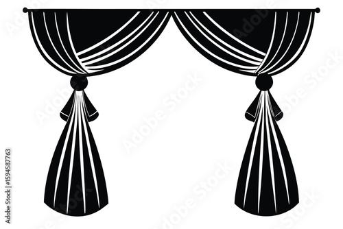 Black and White Illustration of Striped Swag Curtains with Tassels Hanging From a Rod