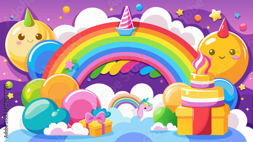 Vector art of a whimsical birthday celebration unfolds with a vibrant rainbow, cute unicorn characters, colorful balloons, and festive cakes
