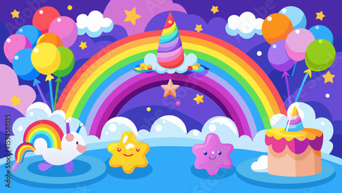 Vector art of a cheerful unicorn and sparkling stars dance under a bright rainbow, surrounded by festive balloons and fluffy clouds for a magical celebration