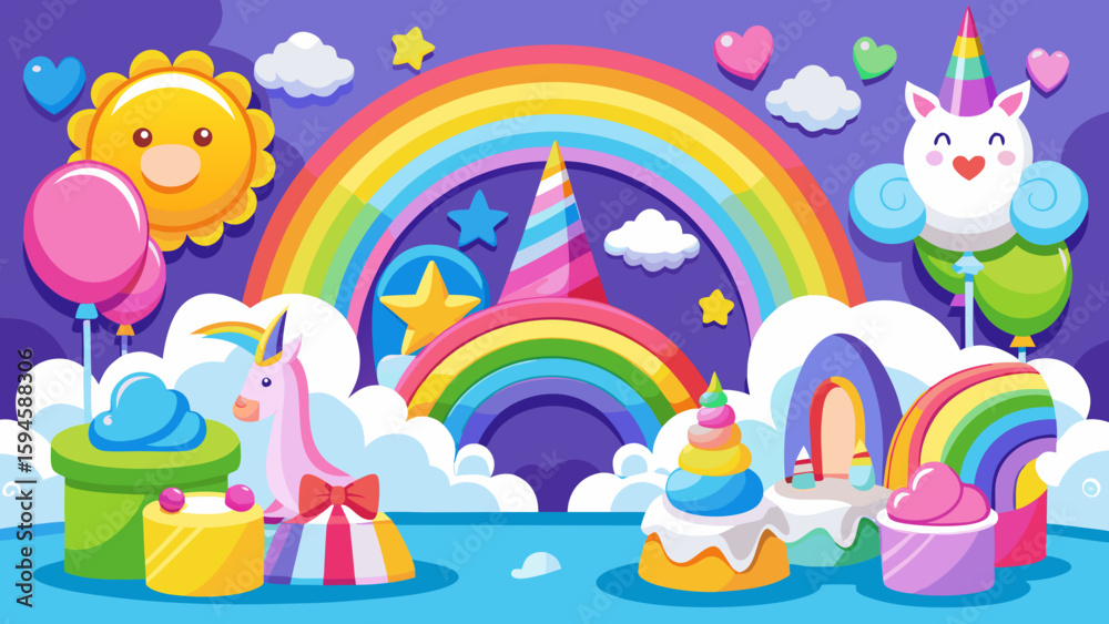 Obraz premium Vector art of a magical birthday party unfolds with a smiling unicorn, colorful cakes, and festive balloons under a vibrant rainbow and starry sky