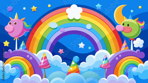 Vector art of two adorable cartoon unicorns with party hats gaze at a magnificent rainbow arching across a dreamy blue sky filled with stars and clouds