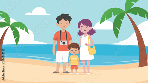 Cartoon Family Posing on Tropical Beach with Palm Trees, Sea, and Blue Sky Background