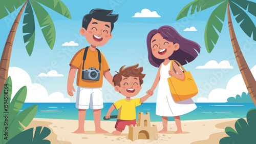 Cartoon Family Enjoying Beach Vacation with Sandcastle, Palms, and Ocean View Illustration