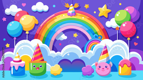 Vector art of a delightful birthday scene set against a purple sky with a rainbow, featuring cute characters, ice cream cones, party hats, and sweet cakes, perfect for a childs special day