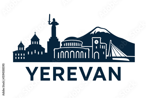 Black Silhouette Skyline of Yerevan with Famous Landmarks