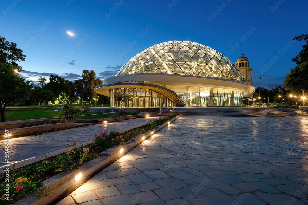 Fototapeta premium Stunning architectural perspective of modern dome structure at dusk, surrounded by greenery and illuminated pathways