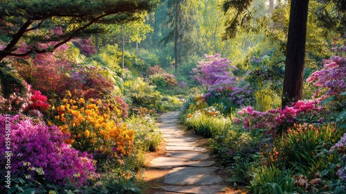 Lush Pathway Through Vibrant Flower Garden Surrounded by Colorful Blooms in a Sunlit Forest Landscape Capturing Nature's Beauty and Serenity