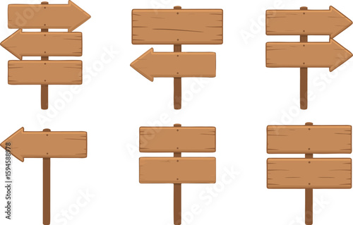 Cartoon Wooden Direction Signs Set Plank Style Guideposts with Arrows and Blank Boards