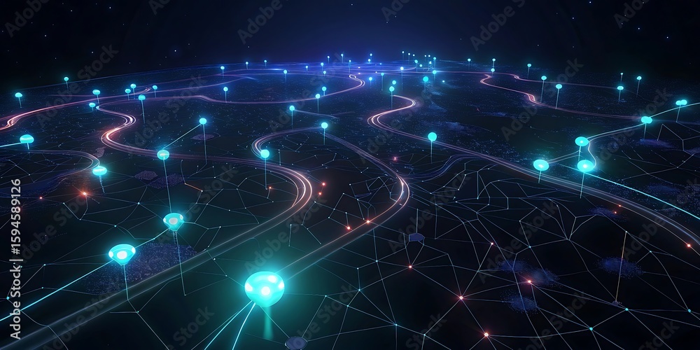 Fototapeta premium A vast digital network of glowing blue nodes and connecting lines in a dark expanse.