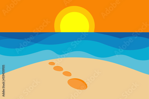 Beach Sunrise with Footprints in the Sand and Waves