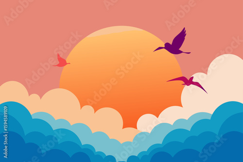 Birds Flying Through Sunrise Clouds in Peaceful Sky