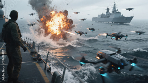 Intense military scene with drones in action at sea.