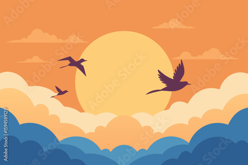 Birds Flying Through Sunrise Clouds in Peaceful Sky Background