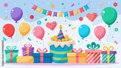 Vector art of a cheerful birthday gathering with a decorated cake, presents, balloons, and festive party streamers
