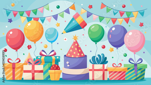 Vector art of a delightful birthday scene with a cake, presents, balloons, and festive party streamers