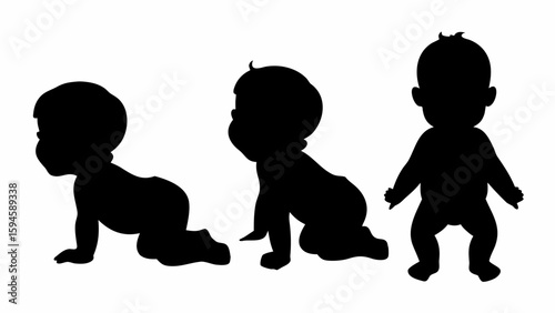 Silhouettes of three babies showing developmental stages from crawling to standing on a white background