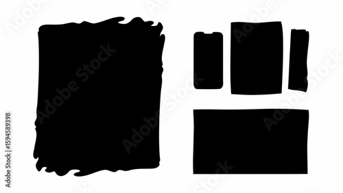Illustration showing a black square with wavy edges next to a phone and various rectangles shapes silhouette