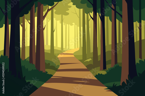 Forest Path Bathed in Light Through Tall Trees Vector