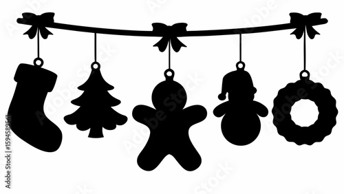 Silhouette christmas ornaments hanging from a string with bows in black and white vector image art