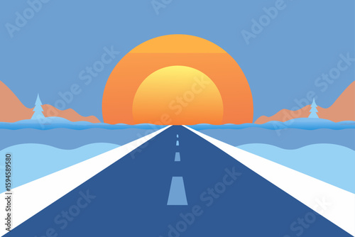 Fresh Frost Glowing in Sunrise Over Empty Road Illustration