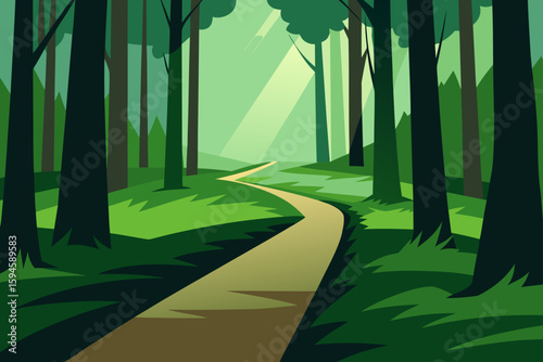 Forest Path Bathed in Light Through Tall Trees