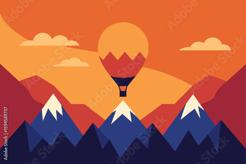 Hot Air Balloons in Sunrise Sky Over Mountain Art