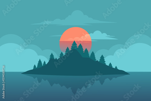 Lake Island in Mist with Glowing Sunrise Behind Vector