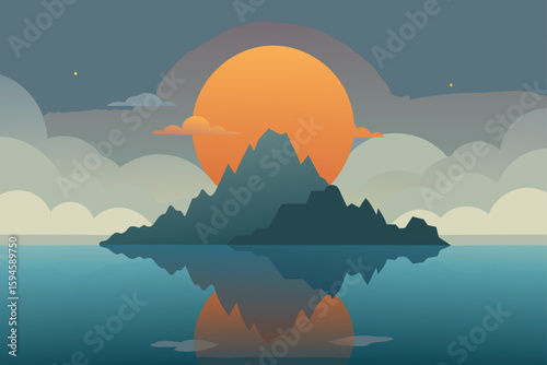 Lake Island in Mist with Glowing Sunrise Behind