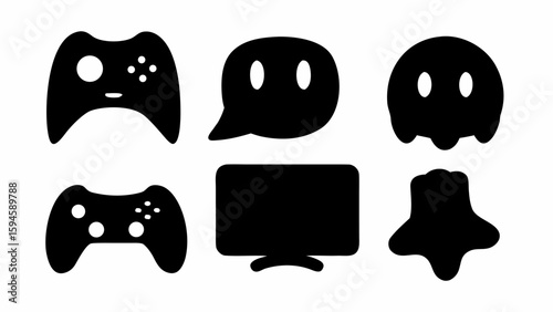 Illustration of two game controllers, a chat bubble, a ghost, a tv screen, and a blob shape design silhouette