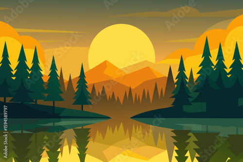 Lakeside Forest Lit with Golden Morning Reflections Background
