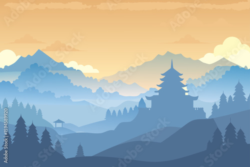 Mist Over Village at Sunrise with Distant Temple Vector