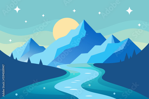 Mountain River Sparkling Under Fresh Morning Light Vector