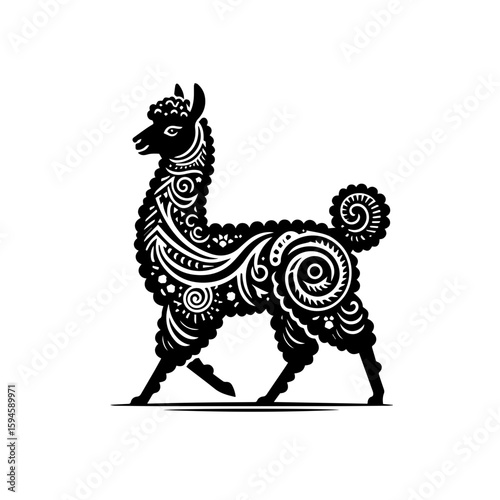 Ornate Black Llama Silhouette with Swirling Patterns.